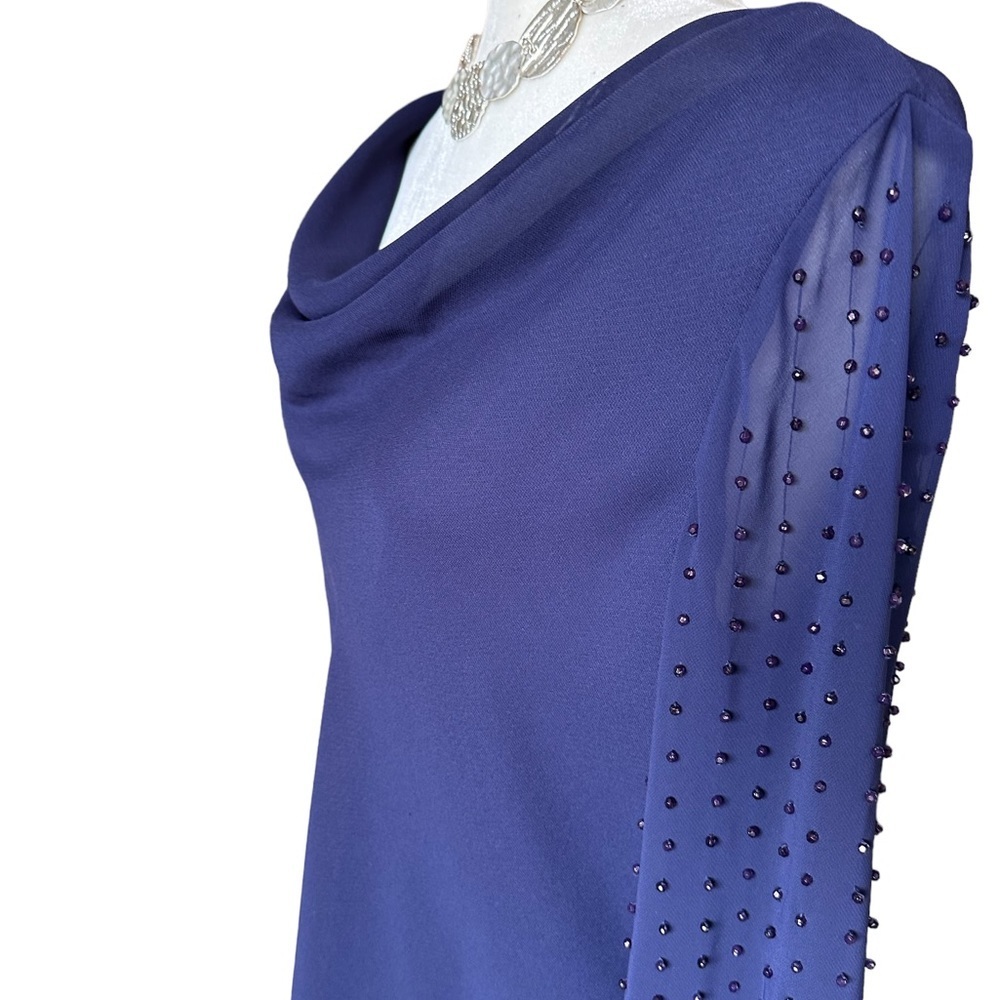 SL Fashions Navy Blue Bead Embellished Formal Chiffon Blouse
